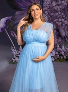 Faeriesty Dressalisa Plus Matenity Plunging Neck Mesh Party Dress - Blue - View 8