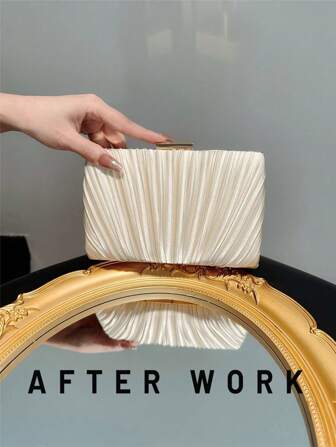 Women's Classic Pleated Box Design Mini Clutch Bag, Simple Evening Party Bag For Formal Occasions, Romantic White Wedding Bag, Bridal Clutch, Chain Strap Handbag For Prom, Cocktail