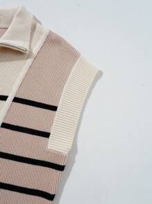 Khaki Striped Color Block Quarter Zipper Collar Short Sleeve Sweater Dress - Multicolor - View 8