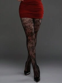 1 quần tất lưới họa tiết hoa co giãn cỡ lớn, quần legging bó thời trang cho trang phục Halloween, quần tất lưới đen gợi cảm - màu đen - Xem 5