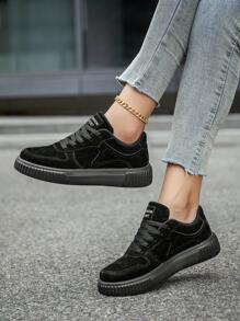 Women Simple Solid Color Patchwork Letter Print Lace-Up Comfortable Flat Shoes, Fashionable Versatile Lightweight Casual Sports Sneakers For Couples