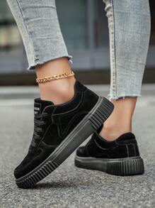 Women Simple Solid Color Patchwork Letter Print Lace-Up Comfortable Flat Shoes, Fashionable Versatile Lightweight Casual Sports Sneakers For Couples