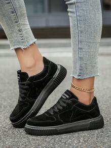 Women Simple Solid Color Patchwork Letter Print Lace-Up Comfortable Flat Shoes, Fashionable Versatile Lightweight Casual Sports Sneakers For Couples