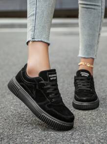 Women Simple Solid Color Patchwork Letter Print Lace-Up Comfortable Flat Shoes, Fashionable Versatile Lightweight Casual Sports Sneakers For Couples