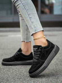 Women Simple Solid Color Patchwork Letter Print Lace-Up Comfortable Flat Shoes, Fashionable Versatile Lightweight Casual Sports Sneakers For Couples
