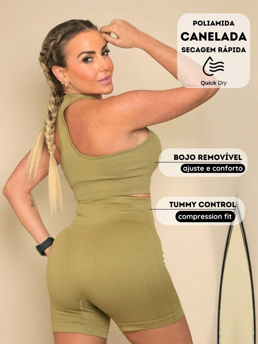 Full-Bodied Ribbed Fitness Set With Removable Cups And Wide Compression Waistband - Màu xanh Ô liu - Xem 1