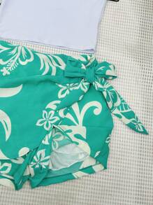 2pcs Set Of Suplex Crop Top + Skirt With Printed Shorts - Màu xanh Ô liu - Xem 4