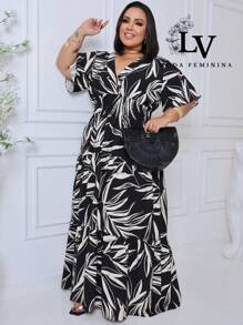 Plus Size Long Dress V Neck Short Sleeve - Black Estam. - View 1