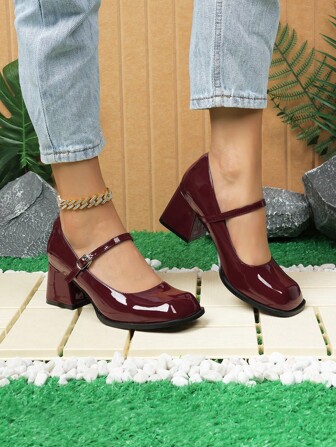2024 New French Retro Lacquered Leather Mary Janes Women Shoes, High Heel, Square Toe, Thick Heel, Casual Pumps, Autumn