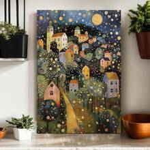 Natural OAK Wood Frame Wall Art, Gustav Klimt Style Moon Stars Tree Canvas Print Posters Art,Village Night Wall Decor For Living Room Bedroom Home, Set Of 1 - Framed(框架) - 查看 1