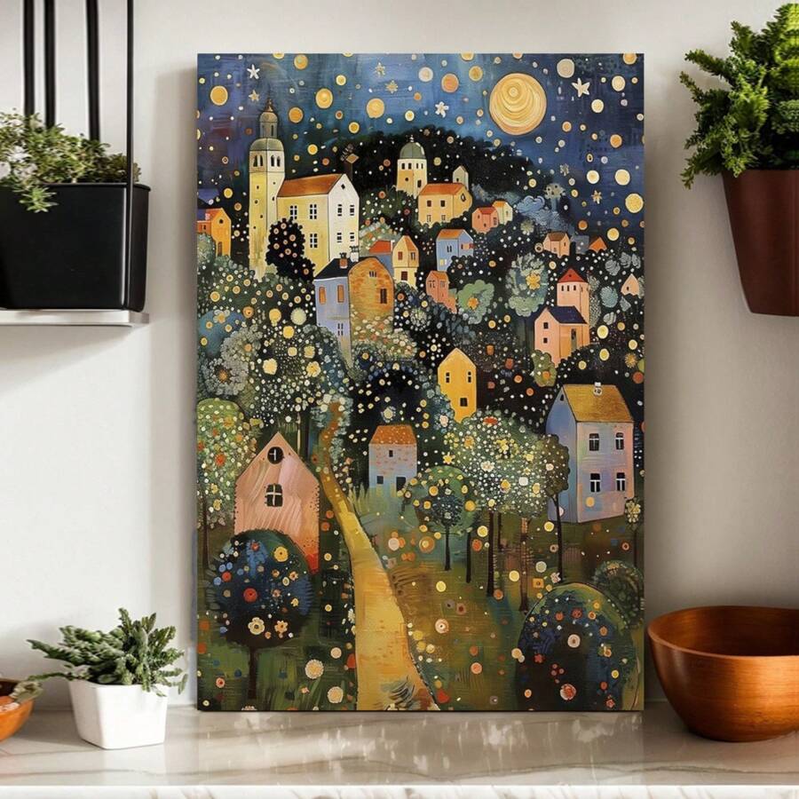 Natural OAK Wood Frame Wall Art, Gustav Klimt Style Moon Stars Tree Canvas Print Posters Art,Village Night Wall Decor For Living Room Bedroom Home, Set Of 1 - Framed(框架) - 查看 1