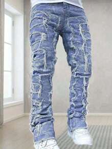 Quần Jeans Denim Thường Ngày Vạt Áo Rách Viền Ghép Cho Bé Trai Tuổi Teen - Màu xanh lam - Xem 3