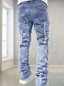 Quần Jeans Denim Thường Ngày Vạt Áo Rách Viền Ghép Cho Bé Trai Tuổi Teen - Màu xanh lam - Xem 2