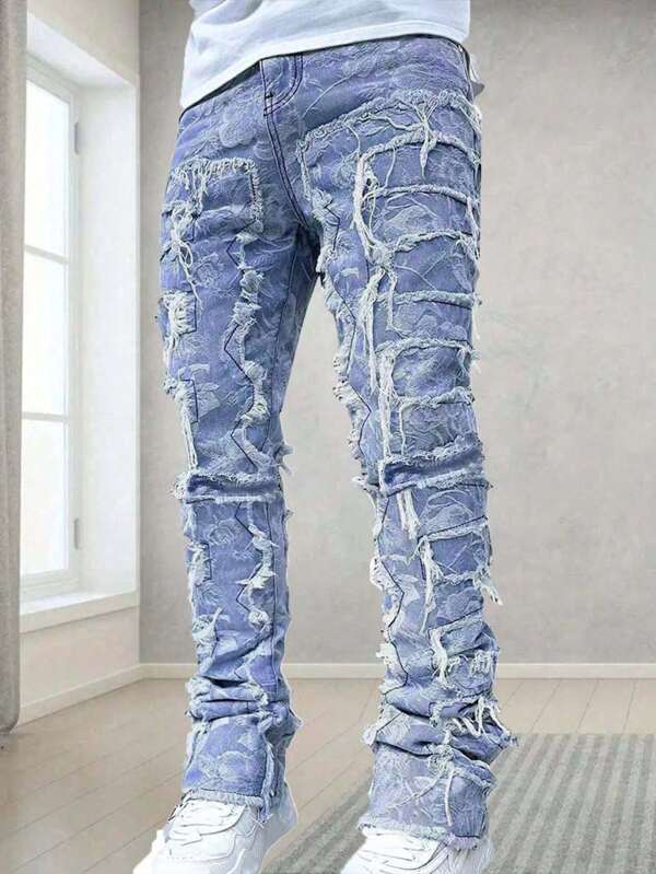 Lässige Patchwork-Jeans mit ausgefranstem Saum für Tween-Jungen