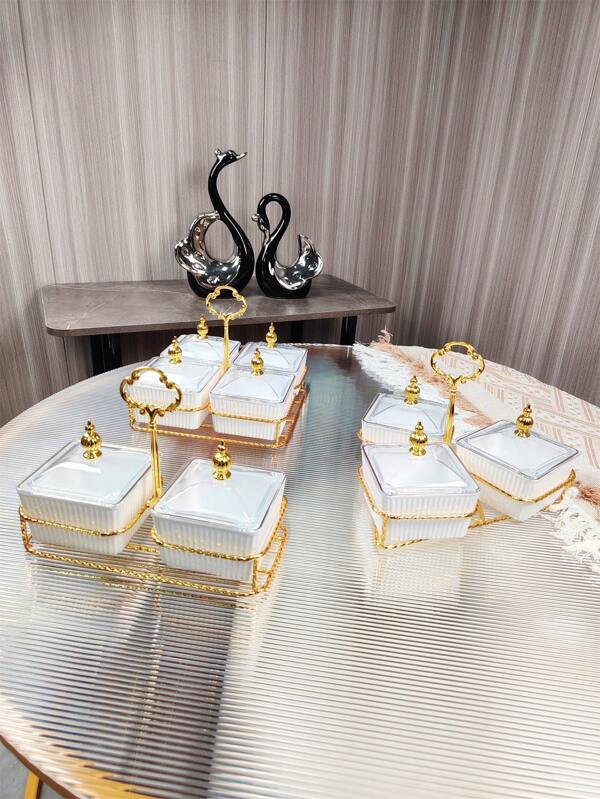 1 zestaw stojaków w odcieniu złota z górną częścią z tykwy, taca z koralikami, swobodny wystrój domu