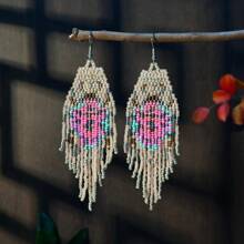 彩色瓢虫风格手工串珠流苏耳环，波西米亚风格种子珠编织耳环，手工玻璃珠首饰，女士日常/节日礼物 - 1對 - 查看 13