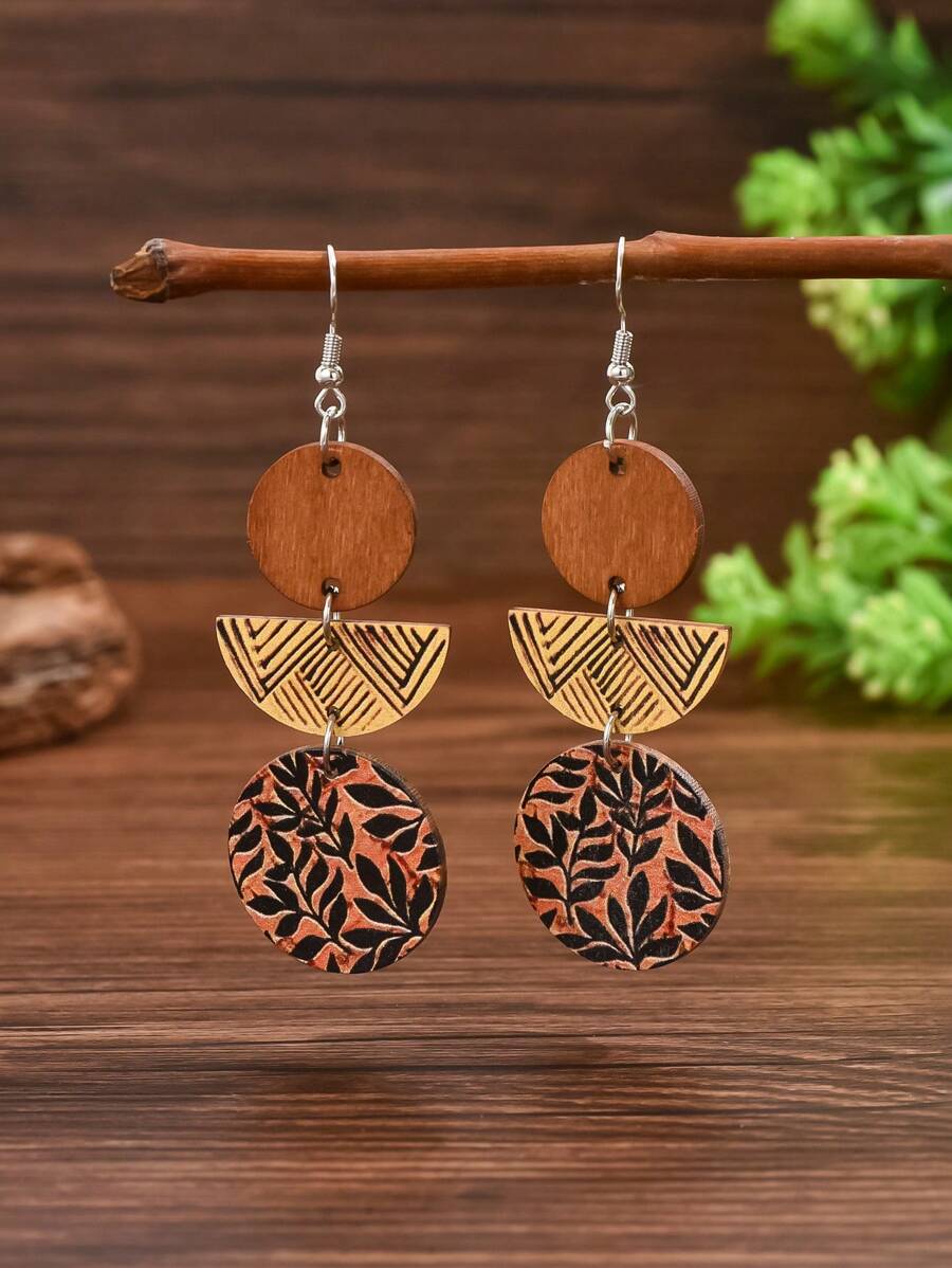 1 对 多层几何拼布波西米亚风软木感觉叶图腾耳环 女士
