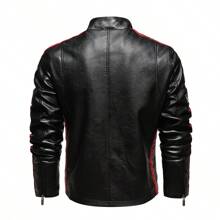 Chaqueta de PU para hombre, traje de carreras de motocicleta, etiqueta de color, chaqueta - Negro - Ver 2