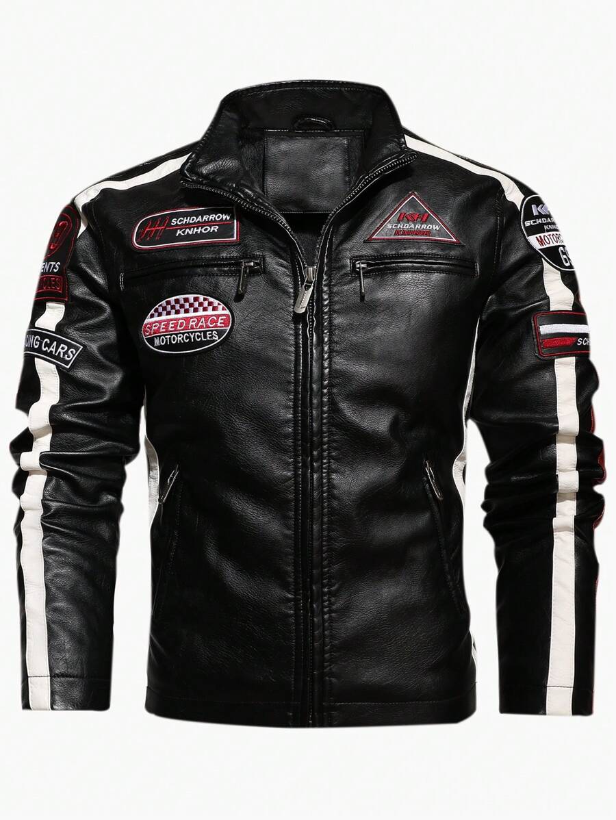 Chaqueta de PU para hombre, traje de carreras de motocicleta, etiqueta de color, chaqueta - Negro - Ver 1