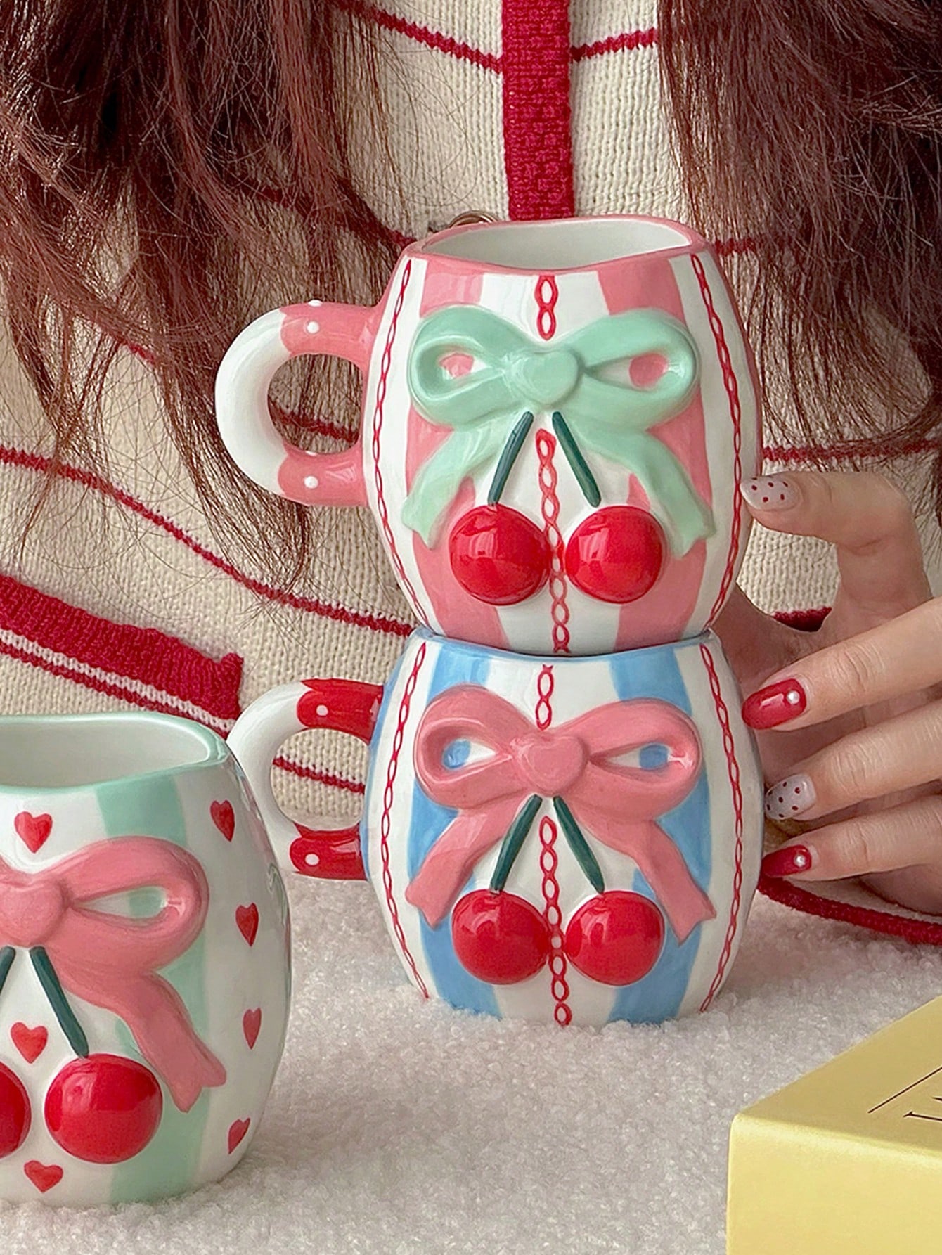 كوب سيراميك محلى بعقدة فراشة وزخرفة الكرز، كوب فتي...