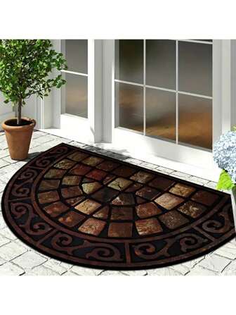 奢华复古半圆形门垫 - 水晶天鹅绒防滑底部，高品质石纹入口地毯，适用于客厅/卧室 - 涤纶纤维家居装饰