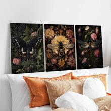 3 件现代深色花卉植物帆布墙画，非常适合客厅装饰木框，墙面艺术装饰客厅，厨房，家居装饰，房间装饰，植物西式家居装饰，房间旅行海报，墙面装饰，房间装饰美学，房间装饰用品