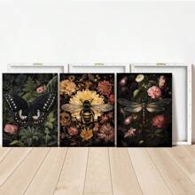 3 件现代深色花卉植物帆布墙画，非常适合客厅装饰木框，墙面艺术装饰客厅，厨房，家居装饰，房间装饰，植物西式家居装饰，房间旅行海报，墙面装饰，房间装饰美学，房间装饰用品