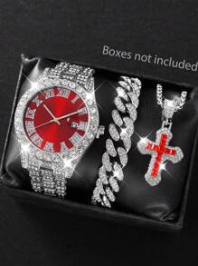 3 Pieces Set: Streetwear Necklace And Bracelet, Quartz Analog Calendar Watch For Boy, Suitable For Holidays