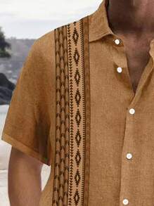 Plus Size Men Retro Geometric Pattern Button-Up Short Sleeve Shirt