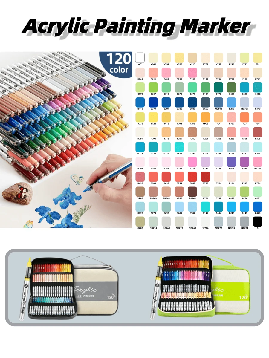Bút dạ Acrylic lỏng 120 màu, Túi tote xách tay, Bút dạ đầu cọ, Thích hợp cho học sinh, Vẽ tranh, Đánh dấu, Đá, Tự làm, Người yêu nghệ thuật