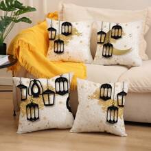 1 pezzo/4 pezzi Copricuscini decorativi a tema luna Rama, in lino, 45x45cm, per decorazione di stanza, camera da letto, divano, senza imbottitura interna - Multicolore - Visualizzare 3