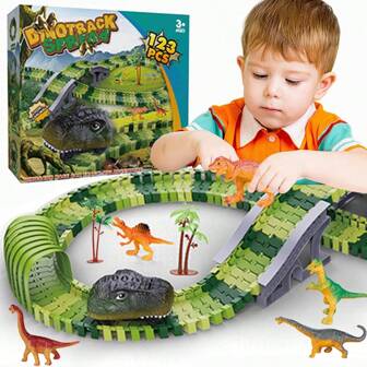 124 件恐龙赛道玩具，带恐龙角色的灵活火车轨道，1 套电动赛车游戏，创造恐龙世界公路赛 - 男孩和女孩的益智玩具，节日/生日礼物，送给孩子的完美礼物 - 随机配件