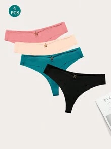 paquete de 4 bragas tipo tanga de talle bajo y sin marca con colores verde, rosa, beige y negro