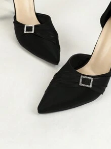Women's Black High Heels With Cross Ribbons, Pointed Toe, Versatile, Simple, Soft Leather, Comfortable Dress Shoes, Slim Fit Heels For Daily And Work Commute - Black - View 6