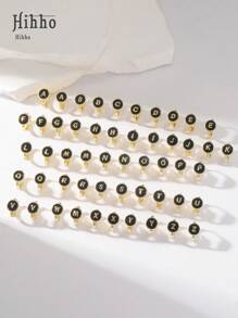 Hihho 1 对时尚字母环状耳环，个性化黑色油滴字母环状耳环，适合女士和女孩，金色，礼品配饰 - 金黃色 - 查看 2