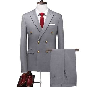 时尚新款男士商务双排扣纯色西装外套+裤子男士修身婚礼两件套西装夹克裤子高品质社交礼服