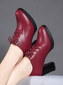 女士酒红色高跟牛津鞋，圆头粗跟时尚舒适工作鞋，春秋新品，深切防水厚底舞鞋，适合旗袍模特 - 酒紅色 - 查看 2