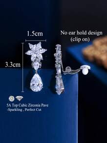 1 Pair No Ear Hole Design Sparkling White Cubic Zirconia Flower And Water Drop Dangle Clip On Non Pierced Earrings For Women Engagement Party Wedding Decor Jewelry