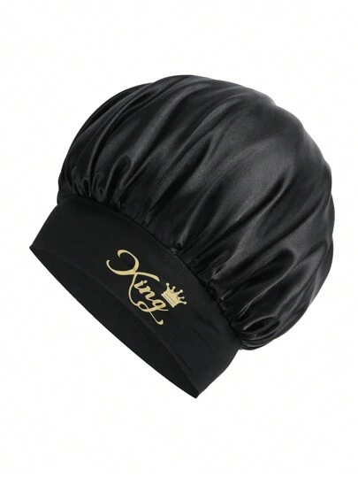 1 件装 男士发帽 印花字母大王/我爱我的女朋友/男士日常生活睡帽 黑色缎面假发帽