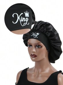 1 件装 男士发帽 印花字母大王/我爱我的女朋友/男士日常生活睡帽 黑色缎面假发帽 - 黑色 - 查看 4