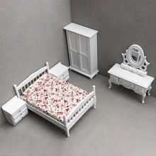 1:12 Scale Dollhouse Bedroom Furniture Set - Bed, Nightstand, Vintage Cabinet, Mini Vanity Table, Wooden Miniature Home Decor Toys, Birthday/Christmas Gift
