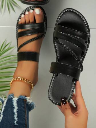 Women's Fashion Casual Comfortable Breathable Double Strap Criss-Cross Decor Solid Color Versatile Non-Slip Flat Sandals, Suitable For Outdoor, Holiday, Beach, Travel