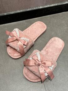 Women's Elegant Lace Satin Ribbon Bow Flat Fluffy Slip-On Slippers, Suitable For Valentine's Day, Home, Wedding, Pink - Baby Pink - View 2
