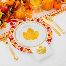 200pcs Gold Dinnerware Set,Thanksgiving Plastic Plates With Gold Maple Leaf Design,Gold Plastic Cutlery,Thanksgiving Plastic Silverware,Gold Plastic Cups,Gold Napkins,Thanksgiving Party Deco - Orange Gold - View 8