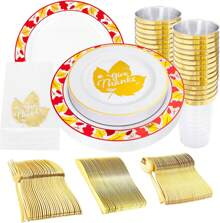 200pcs Gold Dinnerware Set,Thanksgiving Plastic Plates With Gold Maple Leaf Design,Gold Plastic Cutlery,Thanksgiving Plastic Silverware,Gold Plastic Cups,Gold Napkins,Thanksgiving Party Deco - Orange Gold - View 6