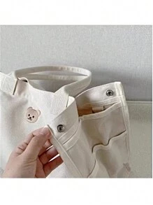 女士大容量帆布手提包，纯色休闲单肩包，刺绣小熊图案，时尚百搭妈妈手提包，轻便手提包 - 米色 - 查看 8