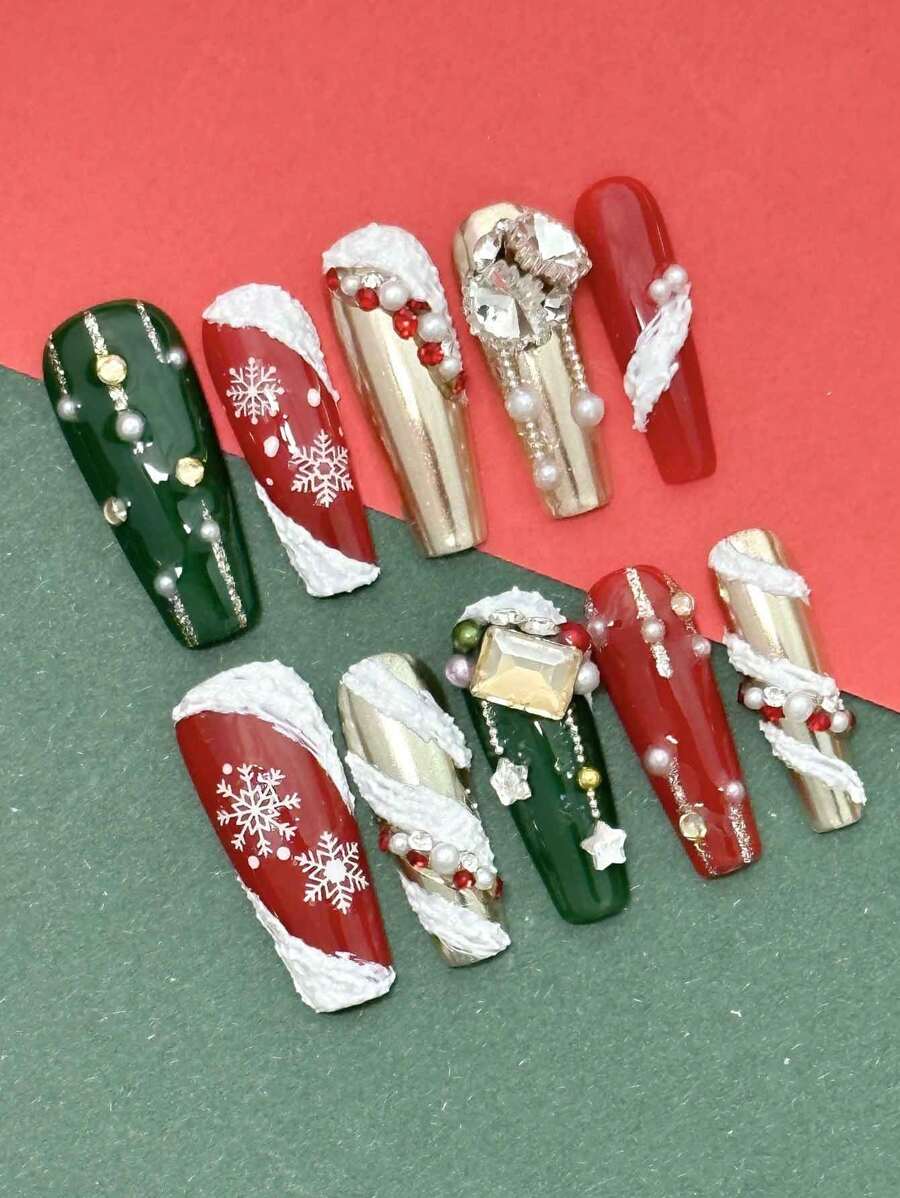 10 件/套手工按压指甲长棺材形指甲，红绿金色圣诞指甲，白色雪花，雪花水钻圣诞装饰，星星，珍珠，水钻指甲，红色和绿色圣诞彩色指甲，圣诞按压指甲，可拆卸假指甲，指甲用品美甲，适合派对，舞蹈，日常穿着，学生派对，角色扮演，按压和可重复使用，带果冻胶和指甲锉 DIY 指甲用品 - 彩色 - 查看 1