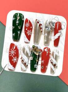 10 件/套手工按压指甲长棺材形指甲，红绿金色圣诞指甲，白色雪花，雪花水钻圣诞装饰，星星，珍珠，水钻指甲，红色和绿色圣诞彩色指甲，圣诞按压指甲，可拆卸假指甲，指甲用品美甲，适合派对，舞蹈，日常穿着，学生派对，角色扮演，按压和可重复使用，带果冻胶和指甲锉 DIY 指甲用品 - 彩色 - 查看 2