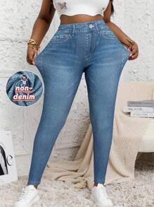 Plus Size Women Jegging Leggings, Full Body Denim Effect High Stretch Casual Comfortable Yoga Pants - Blue - View 4