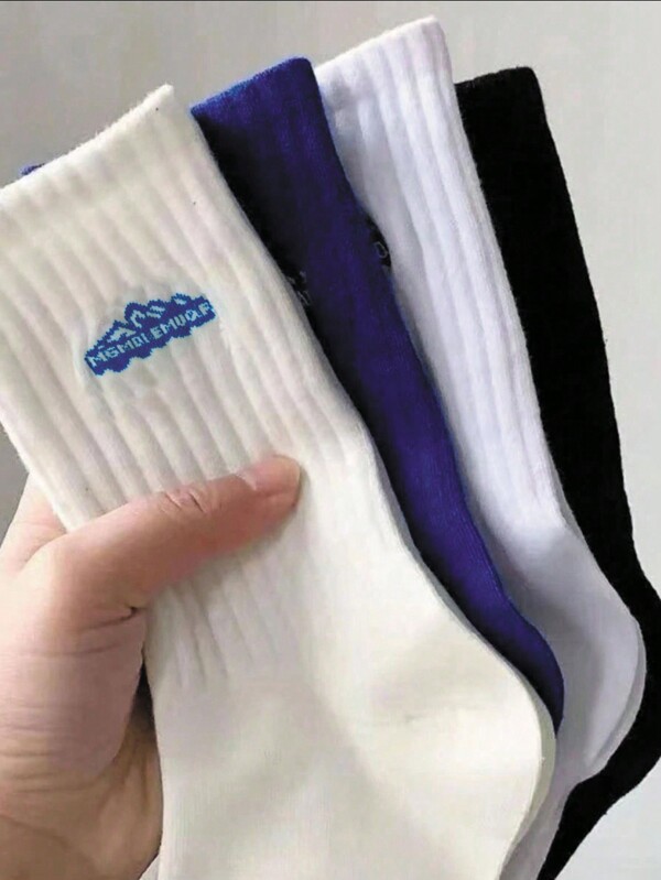 4pairs Random Color Men Letter Embroidered Fashion Versatile Crew Socks, For Daily Life